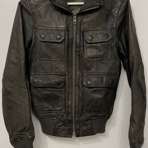 Topman Dark Brown Leather Bomber Jacket